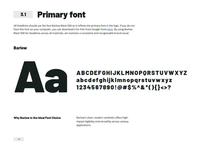 A screenshot of Darmann's secondary primary font sheet taken from their branding guidelines document. It features a large alphabet represented in the font of choice, Barlow.