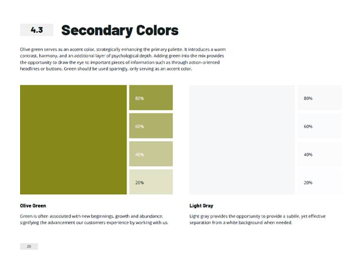 A screenshot of Darmann's secondary color palette taken from their branding guidelines document. It features olive green and light grey.