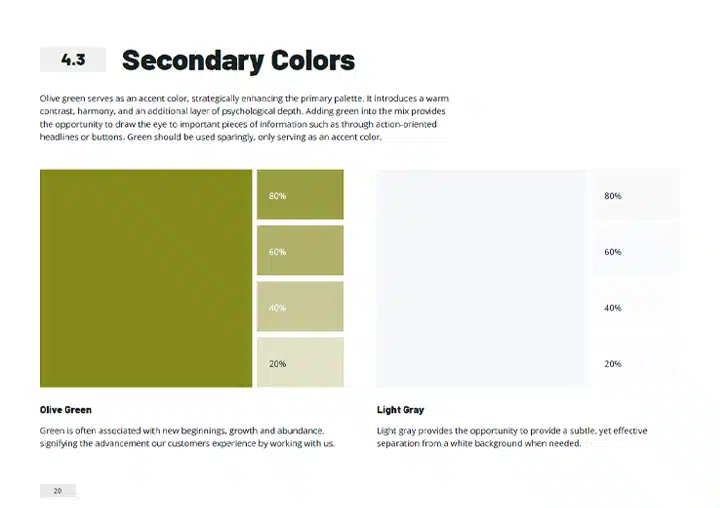 A screenshot of Darmann's secondary color palette taken from their branding guidelines document. It features olive green and light grey.