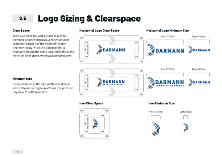 A screenshot of the Darmann logo sizing guideline which includes minimum logo and spacing measurements for print and digital uses.