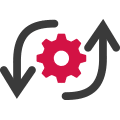 Plans icon Icon of a gear in the middle of two arrows revolving around it.