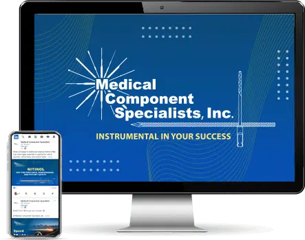 Mockup of a computer and mobile device with Medical Component Specialist branded graphics displayed.